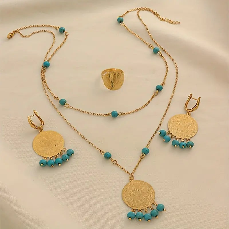 Schmuckset mit Goldmünzen und Türkis-Steinen - Eleganz und Stil in Einem