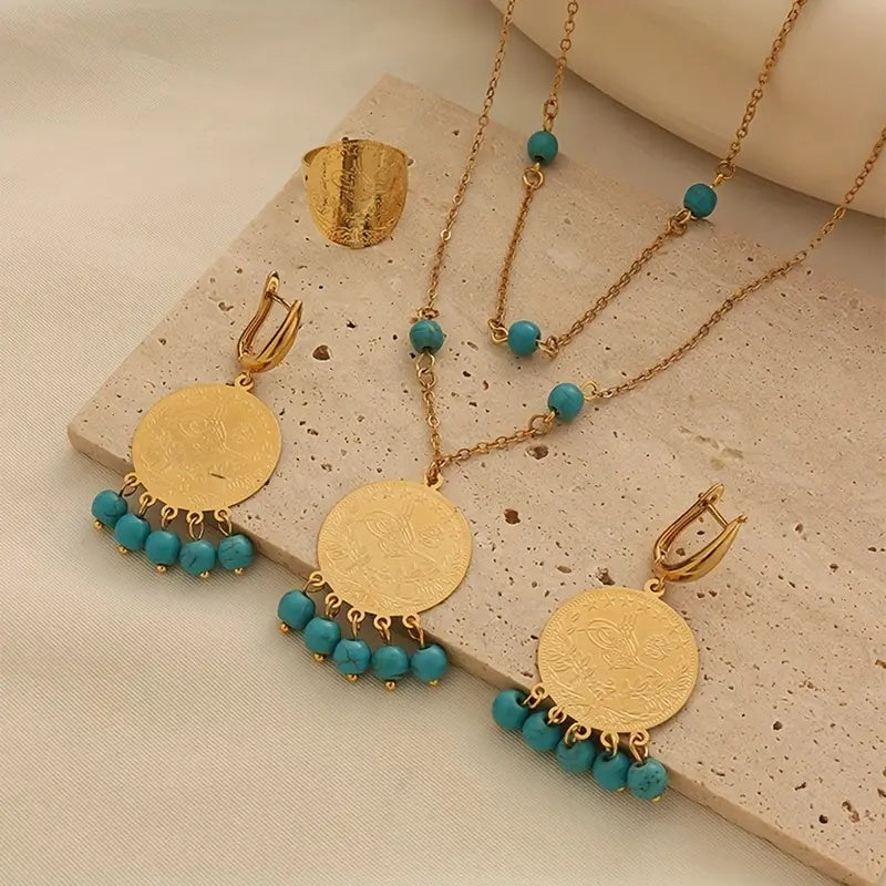 Schmuckset mit Goldmünzen und Türkis-Steinen - Eleganz und Stil in Einem