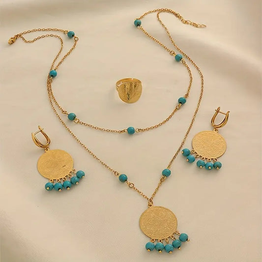 Schmuckset mit Goldmünzen und Türkis-Steinen - Eleganz und Stil in Einem