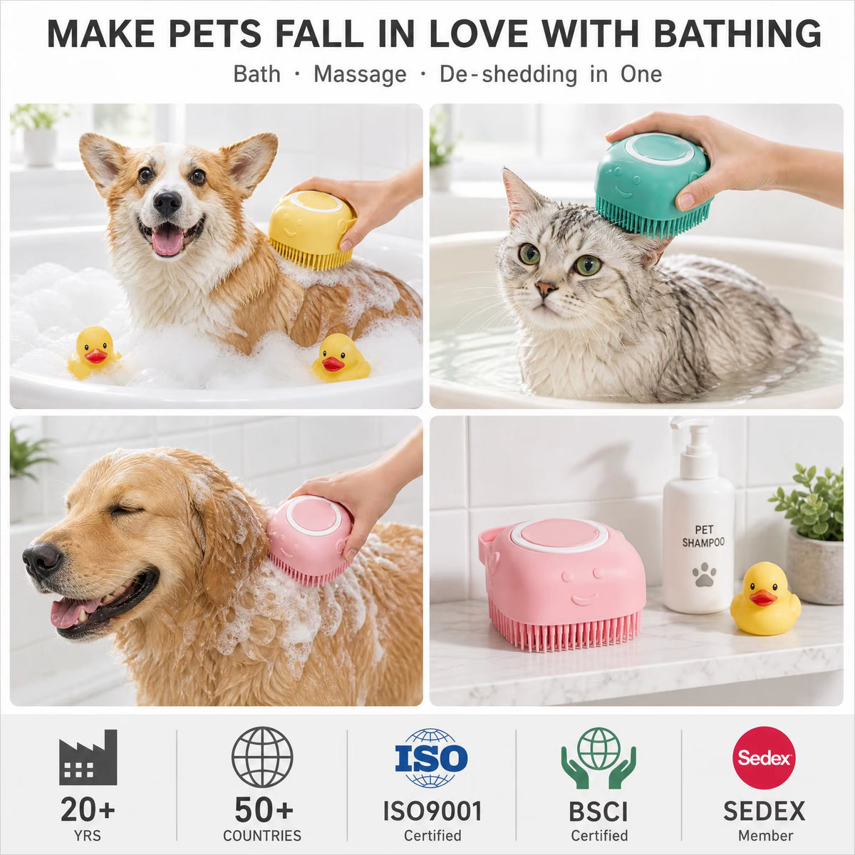 Silicone Pet Bath Brush with Shampoo Dispenser Dog Cat Grooming Massage Scrubber Soft Bristle Bathing Tool for Pet