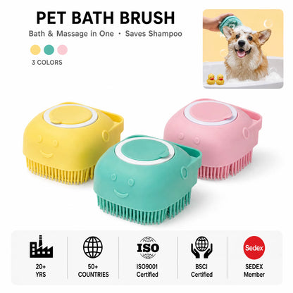 Silicone Pet Bath Brush with Shampoo Dispenser Dog Cat Grooming Massage Scrubber Soft Bristle Bathing Tool for Pet